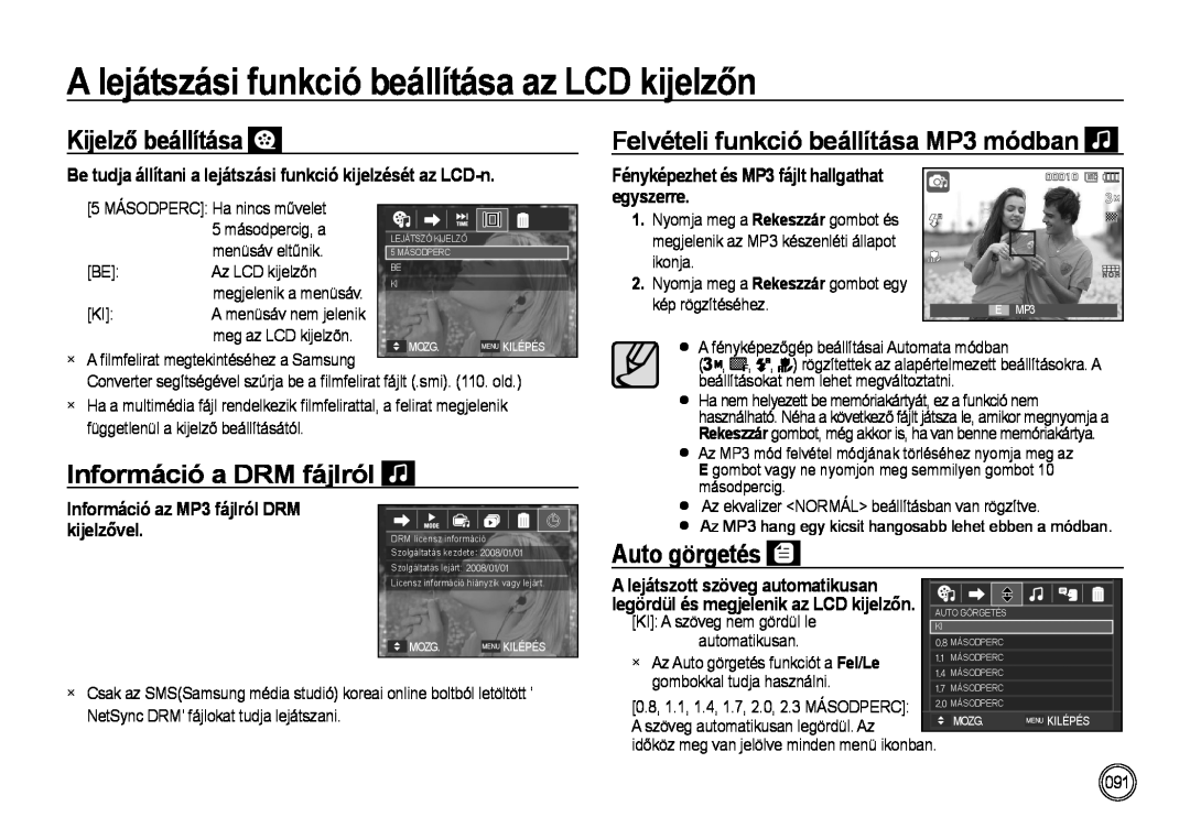Samsung EC-NV4ZZPBC/E1 manual Kijelző beállítása, Felvételi funkció beállítása MP3 módban, Információ a DRM fájlról 