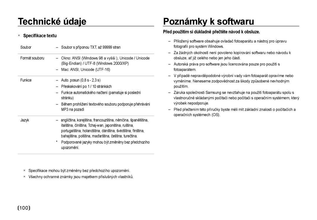 Samsung EC-NV4ZZBBA/E3 manual Poznámky k softwaru, Speciﬁkace textu, Před použitím si důkladně přečtěte návod k obsluze 