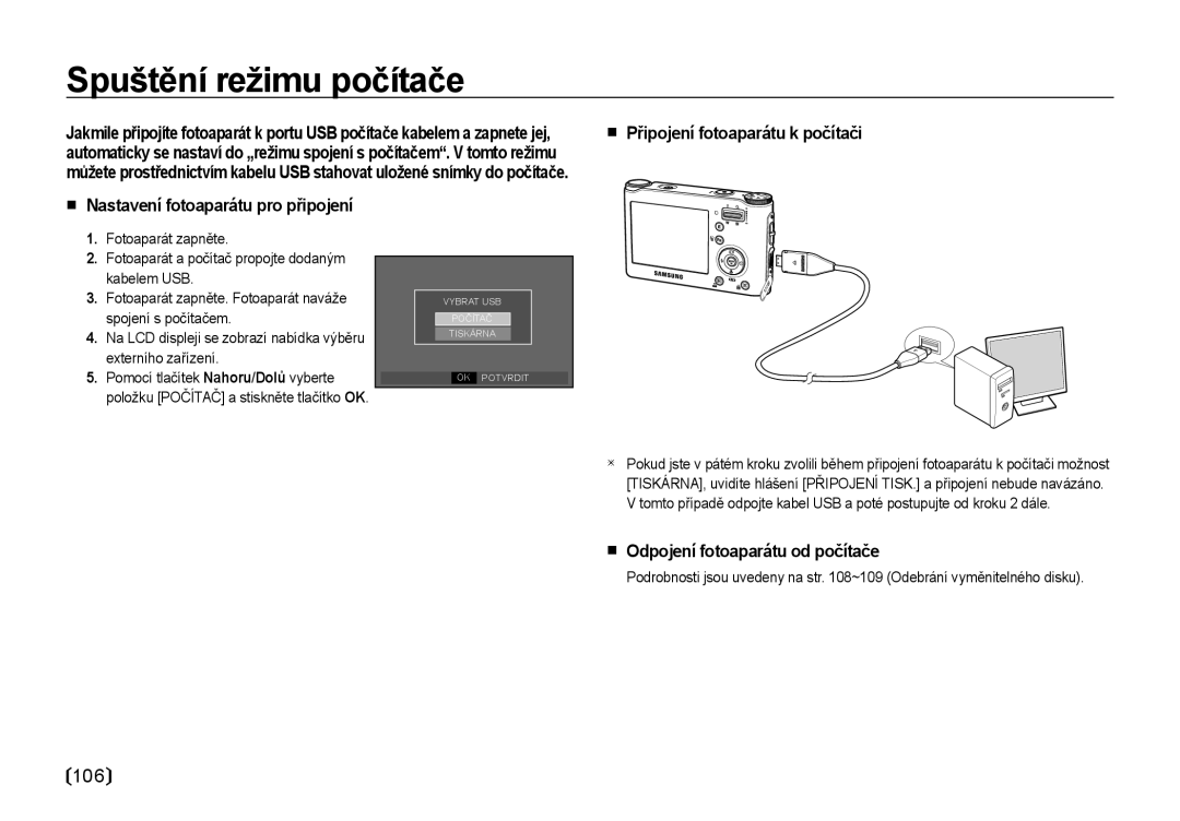 Samsung EC-NV4ZZBBA/E3, EC-NV4ZZSBA/E3 manual Spuštění režimu počítače, Odpojení fotoaparátu od počítače 