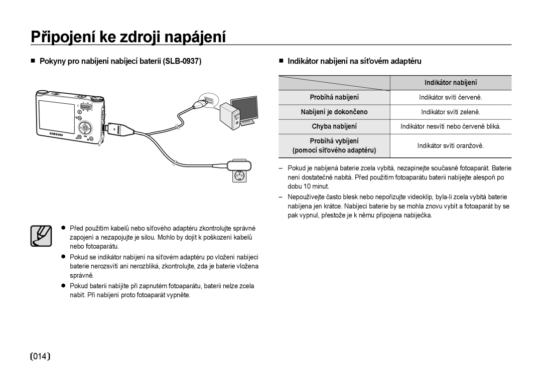 Samsung EC-NV4ZZBBA/E3 manual Pokyny pro nabíjení nabíjecí baterii SLB-0937, Indikátor nabíjení na síťovém adaptéru 