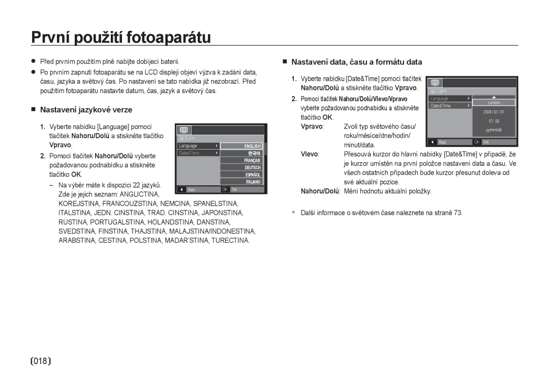 Samsung EC-NV4ZZBBA/E3 První použití fotoaparátu,  Nastavení jazykové verze,  Nastavení data, času a formátu data, Vlevo 