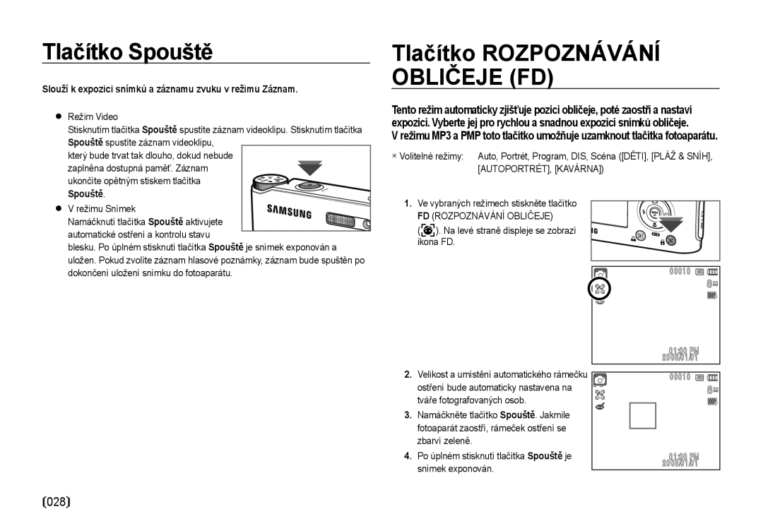 Samsung EC-NV4ZZBBA/E3, EC-NV4ZZSBA/E3 manual Tlačítko Spouště, Tlačítko Rozpoznávání Obličeje FD, FD Rozpoznávání Obličeje 