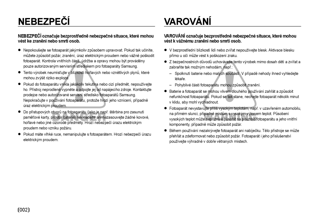 Samsung EC-NV4ZZBBA/E3, EC-NV4ZZSBA/E3 manual Nebezpečí 