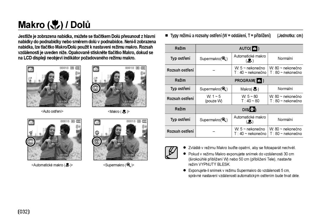 Samsung EC-NV4ZZBBA/E3, EC-NV4ZZSBA/E3 manual Makro / Dolů, Režim, Automatické makro Normální 