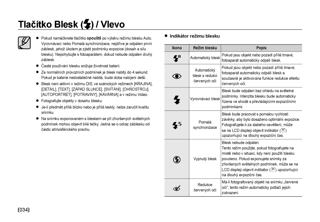 Samsung EC-NV4ZZBBA/E3, EC-NV4ZZSBA/E3 manual Indikátor režimu blesku, Ikona Režim blesku Popis 