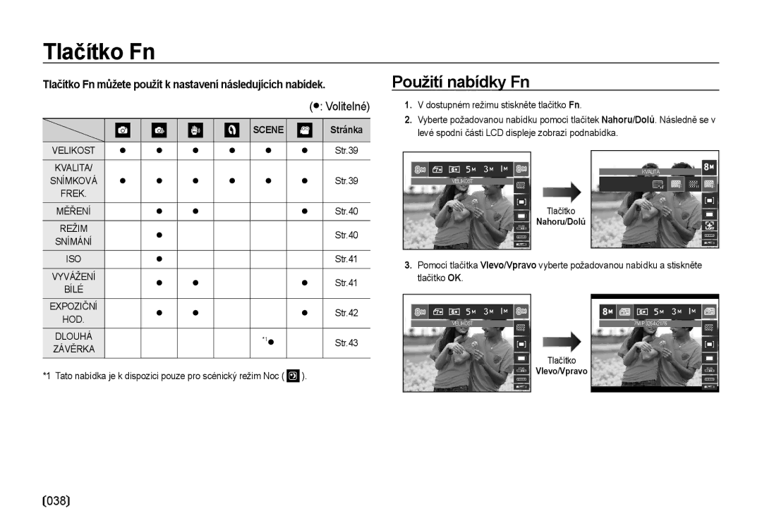 Samsung EC-NV4ZZBBA/E3 manual Použití nabídky Fn, Tlačítko Fn můžete použít k nastavení následujících nabídek, Velikost 