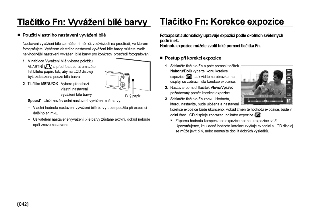 Samsung EC-NV4ZZBBA/E3, EC-NV4ZZSBA/E3 manual Tlačítko Fn Korekce expozice, Použití vlastního nastavení vyvážení bílé 