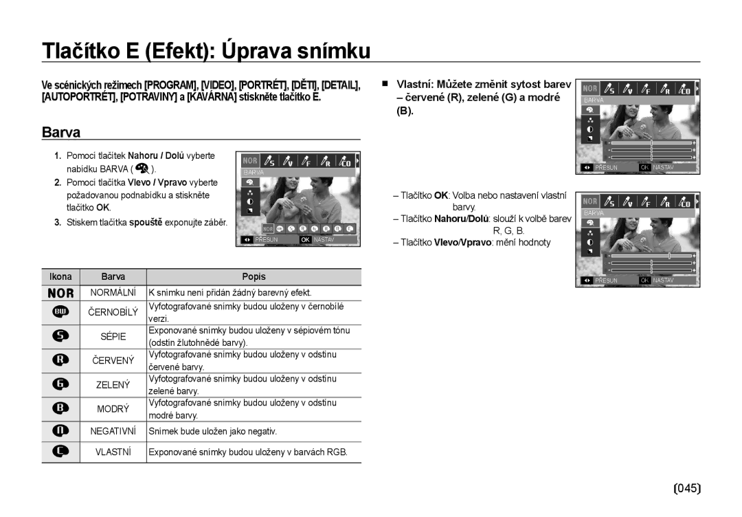 Samsung EC-NV4ZZSBA/E3, EC-NV4ZZBBA/E3 manual Tlačítko E Efekt Úprava snímku 