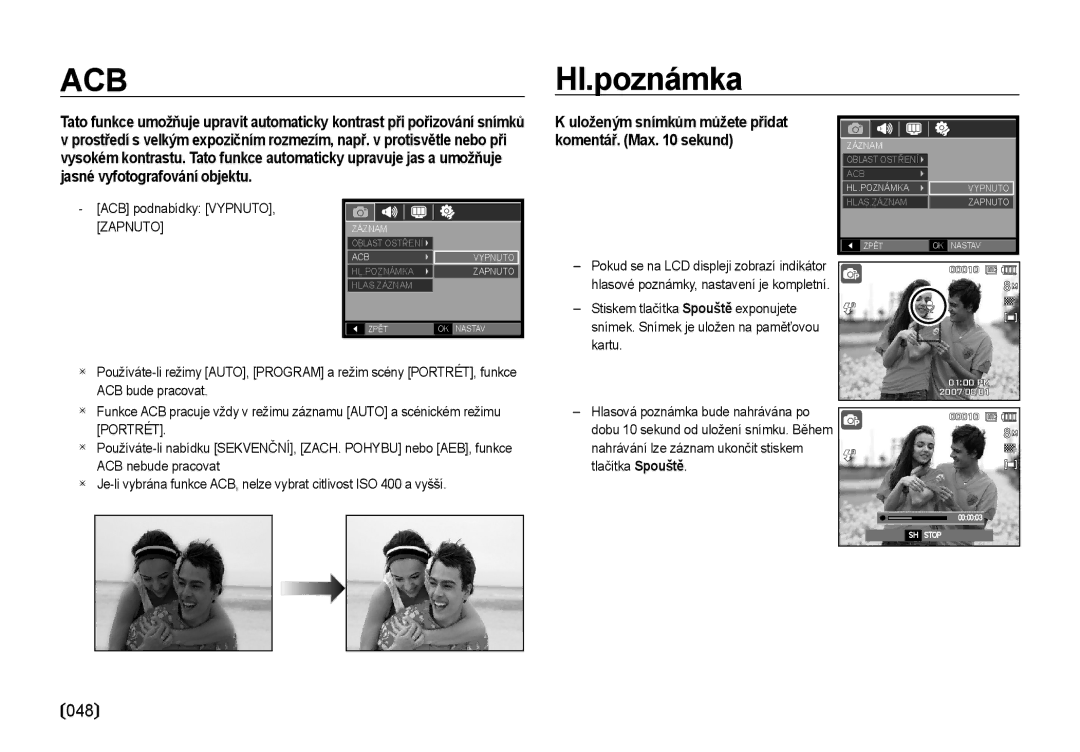 Samsung EC-NV4ZZBBA/E3 Hl.poznámka, Komentář. Max sekund, Jasné vyfotografování objektu, ACB podnabídky VYPNUTO, Zapnuto 