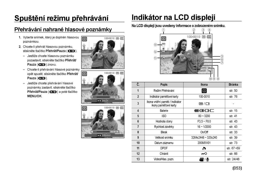 Samsung EC-NV4ZZSBA/E3 Přehrávání nahrané hlasové poznámky, Na LCD displeji jsou uvedeny informace o zobrazeném snímku 