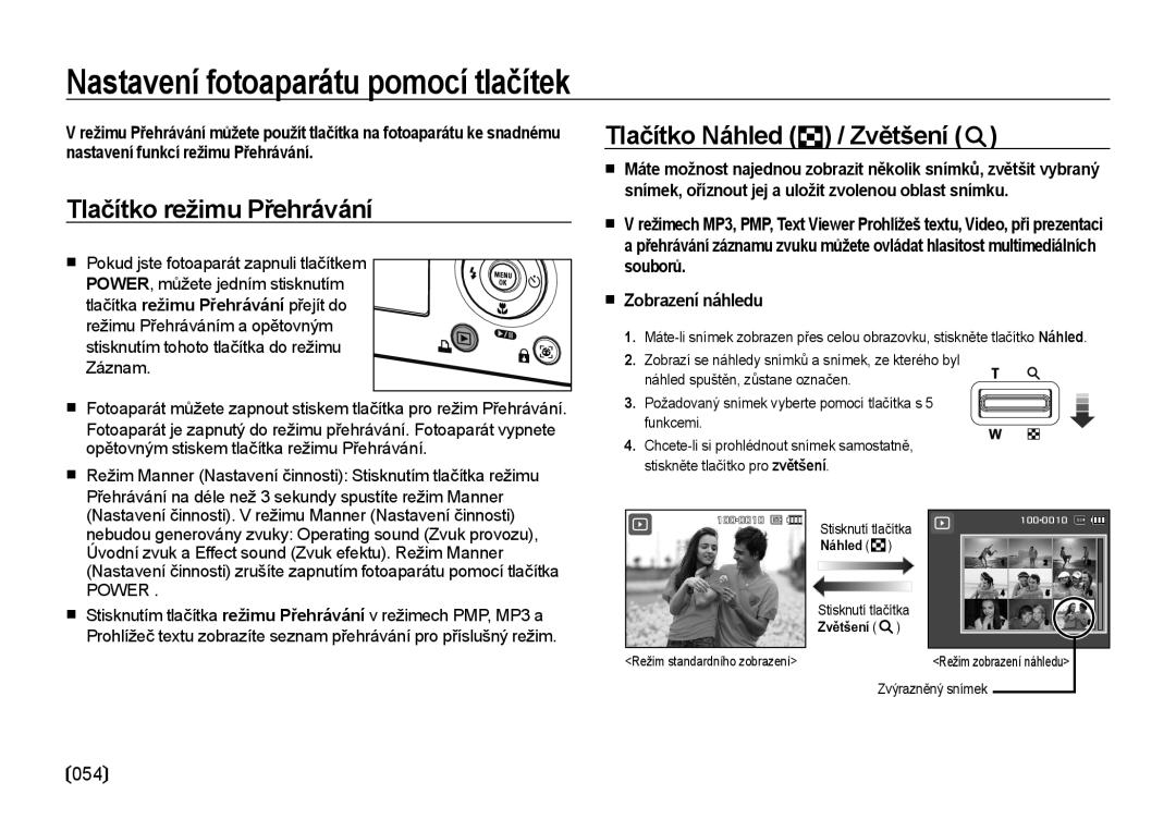 Samsung EC-NV4ZZBBA/E3 manual Nastavení fotoaparátu pomocí tlačítek, Tlačítko režimu Přehrávání, Tlačítko Náhled / Zvětšení 