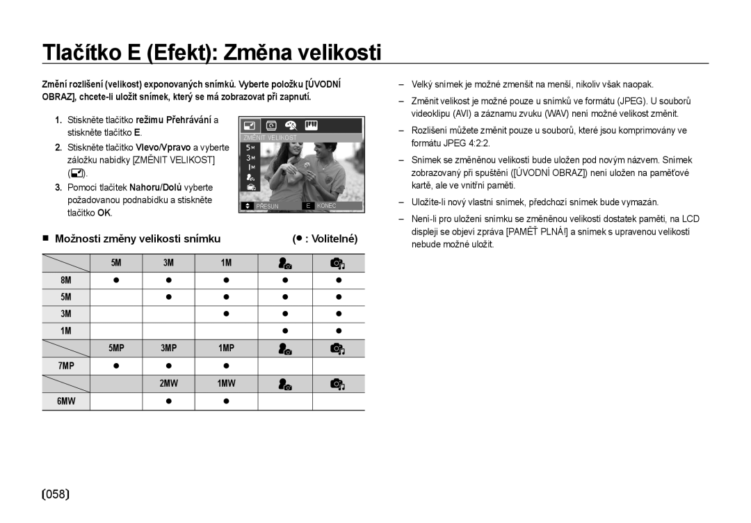 Samsung EC-NV4ZZBBA/E3 manual Tlačítko E Efekt Změna velikosti, Možnosti změny velikosti snímku Volitelné, Formátu Jpeg 