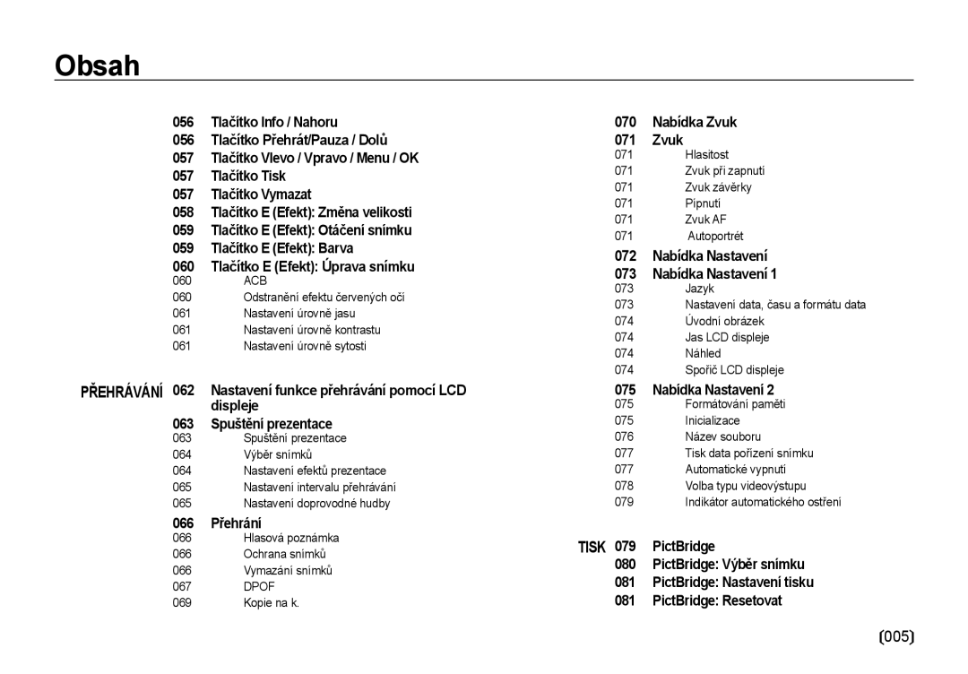 Samsung EC-NV4ZZSBA/E3 manual Displeje, 063 Spuštění prezentace, 066 Přehrání, 070 Nabídka Zvuk, 075 Nabídka Nastavení 