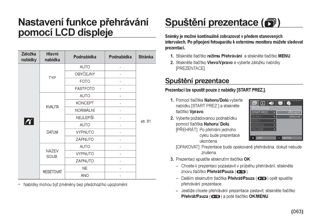 Samsung EC-NV4ZZSBA/E3, EC-NV4ZZBBA/E3 Nastavení funkce přehrávání pomocí LCD displeje, Spuštění prezentace, Prezentace 