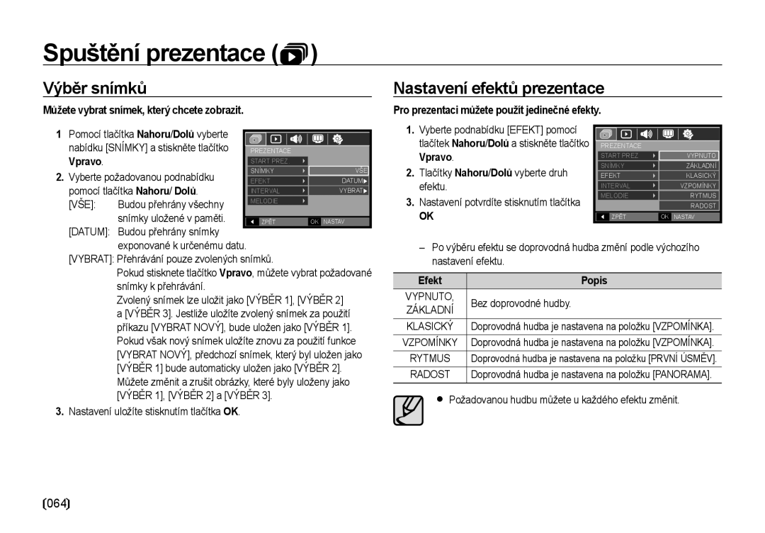 Samsung EC-NV4ZZBBA/E3 Výběr snímků, Nastavení efektů prezentace, Můžete vybrat snímek, který chcete zobrazit, Efekt Popis 