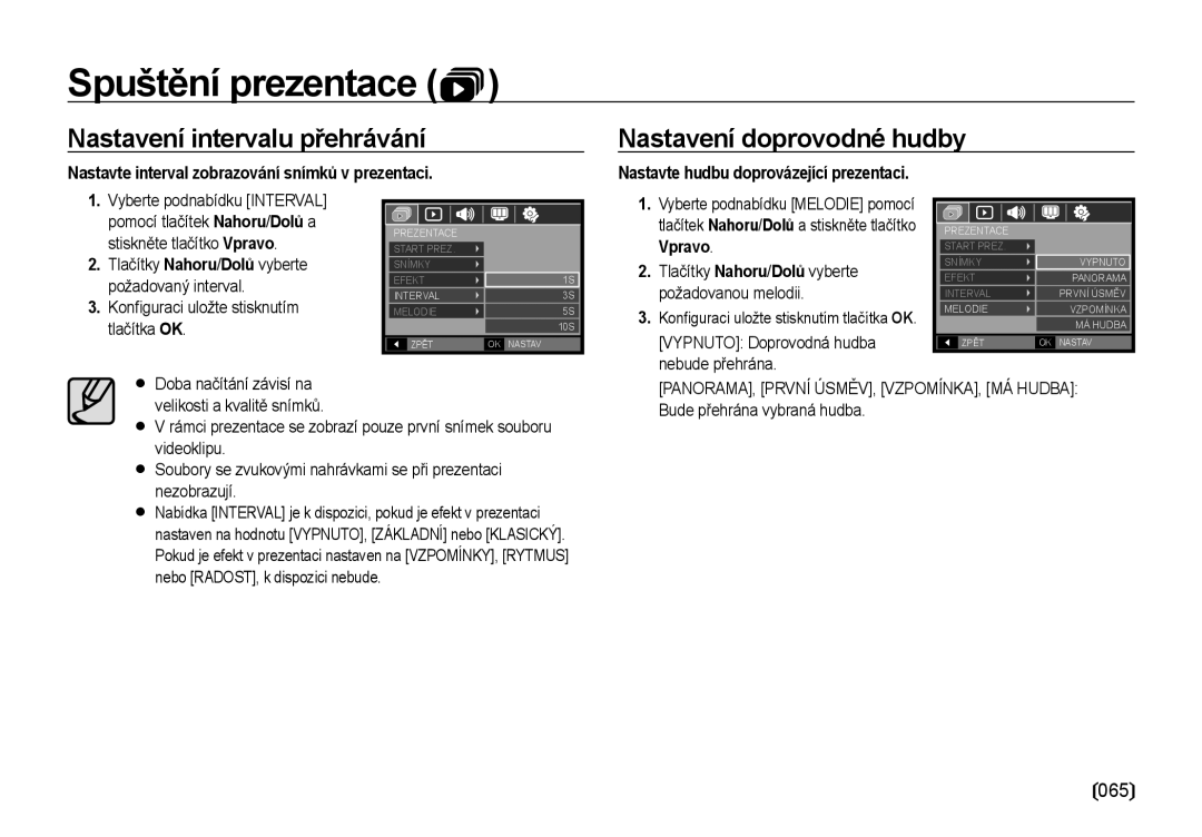 Samsung EC-NV4ZZSBA/E3 Nastavení intervalu přehrávání, Nastavení doprovodné hudby, Nastavte hudbu doprovázející prezentaci 