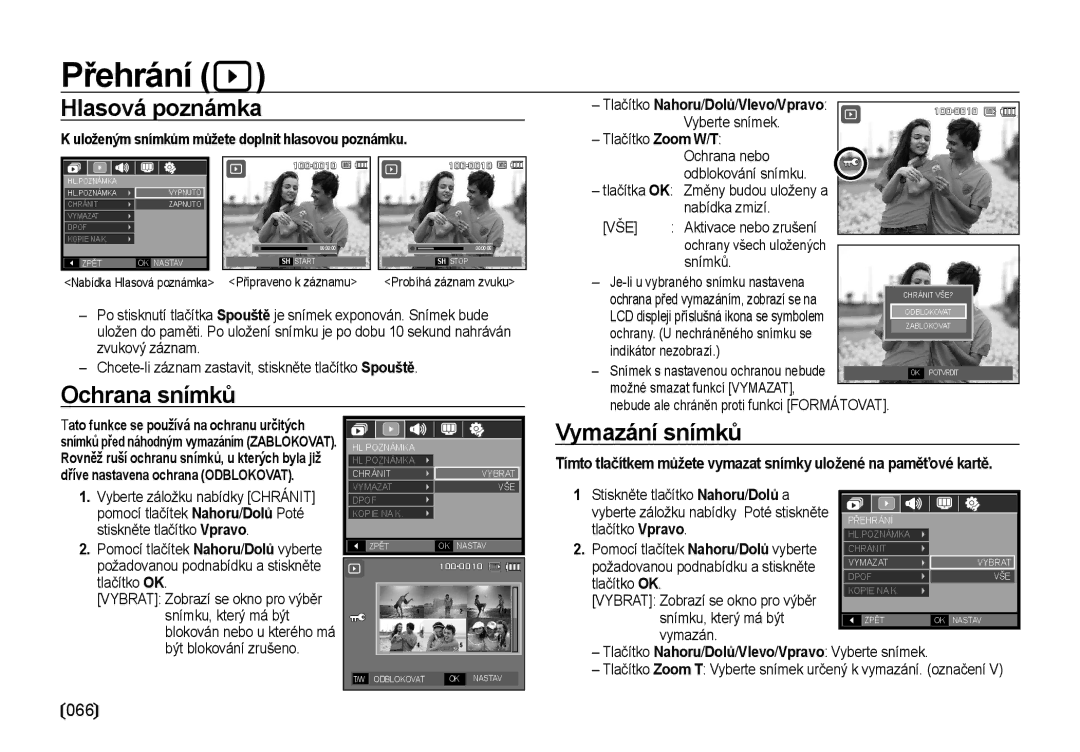 Samsung EC-NV4ZZBBA/E3, EC-NV4ZZSBA/E3 manual Hlasová poznámka, Ochrana snímků, Vymazání snímků, Vše 