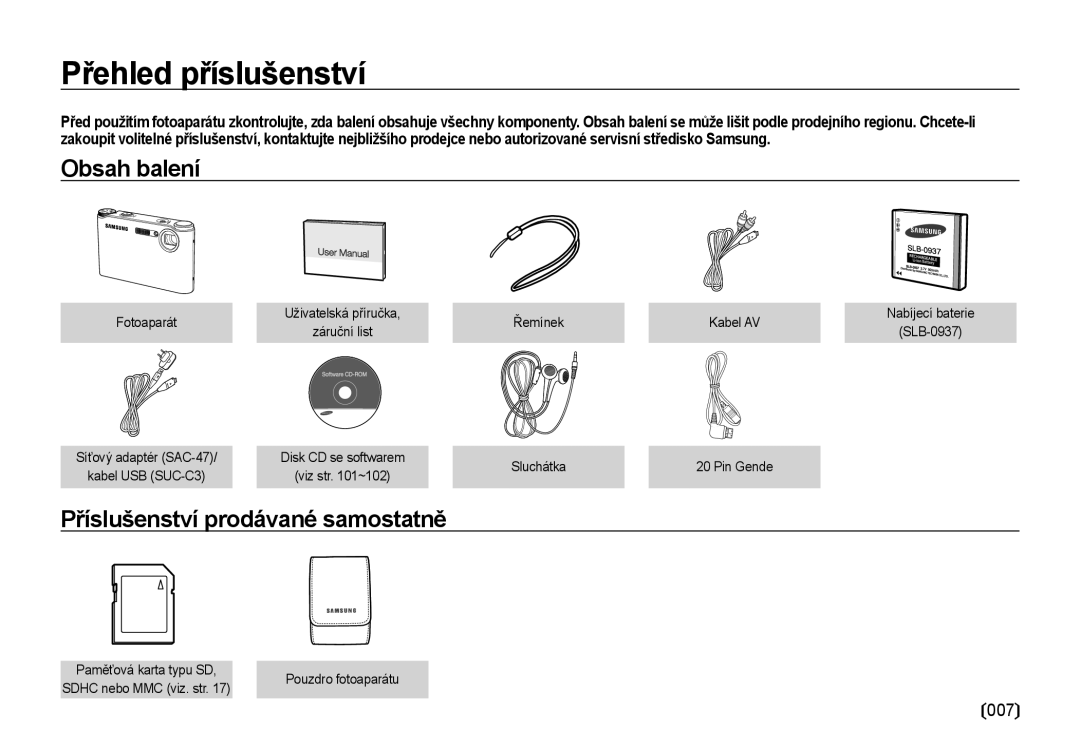 Samsung EC-NV4ZZSBA/E3 manual Přehled příslušenství, Obsah balení, Příslušenství prodávané samostatně, Pouzdro fotoaparátu 