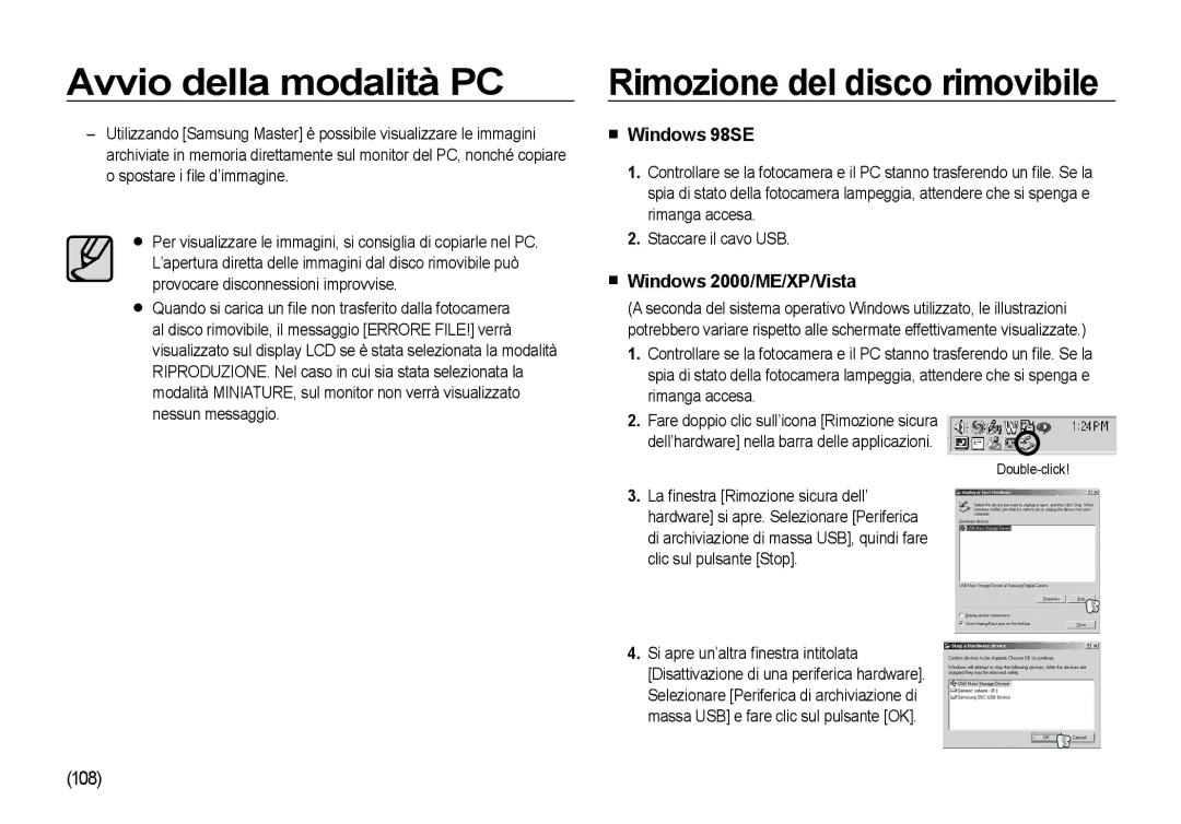 Samsung EC-NV4ZZTBE/E1, EC-NV4ZZSBA/E3, EC-NV4ZZPBA/E3 manual Rimozione del disco rimovibile, Windows 2000/ME/XP/Vista 