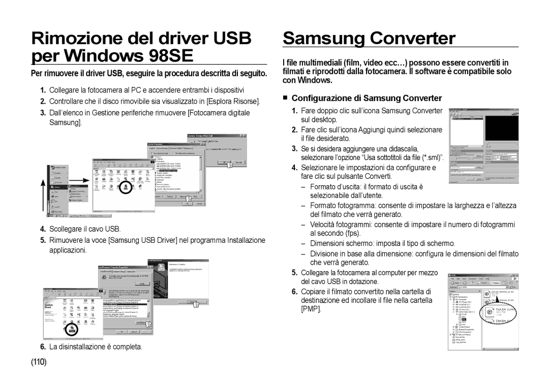 Samsung EC-NV4ZZBBB/E1, EC-NV4ZZSBA/E3 Rimozione del driver USB per Windows 98SE, Conﬁgurazione di Samsung Converter 