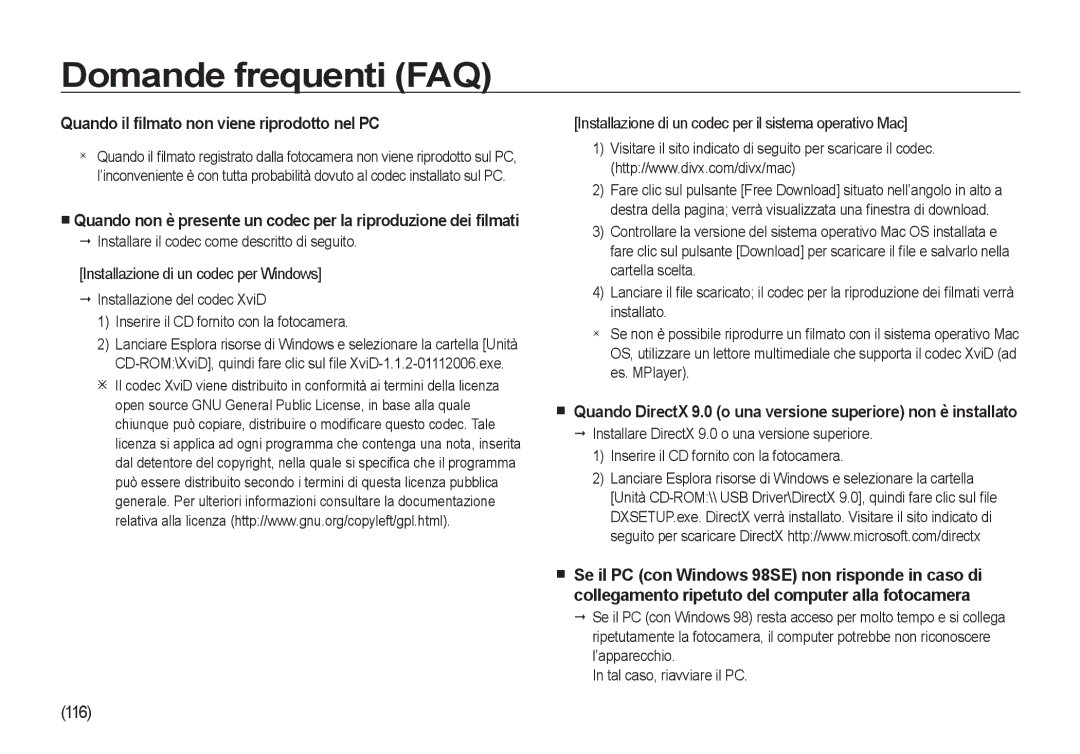 Samsung EC-NV4ZZPBB/E1 manual Quando il ﬁlmato non viene riprodotto nel PC, Installare il codec come descritto di seguito 