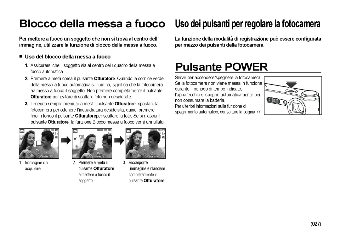 Samsung EC-NV4ZZBBA/E1 Blocco della messa a fuoco, Pulsante Power, Uso del blocco della messa a fuoco, Pulsante Otturatore 