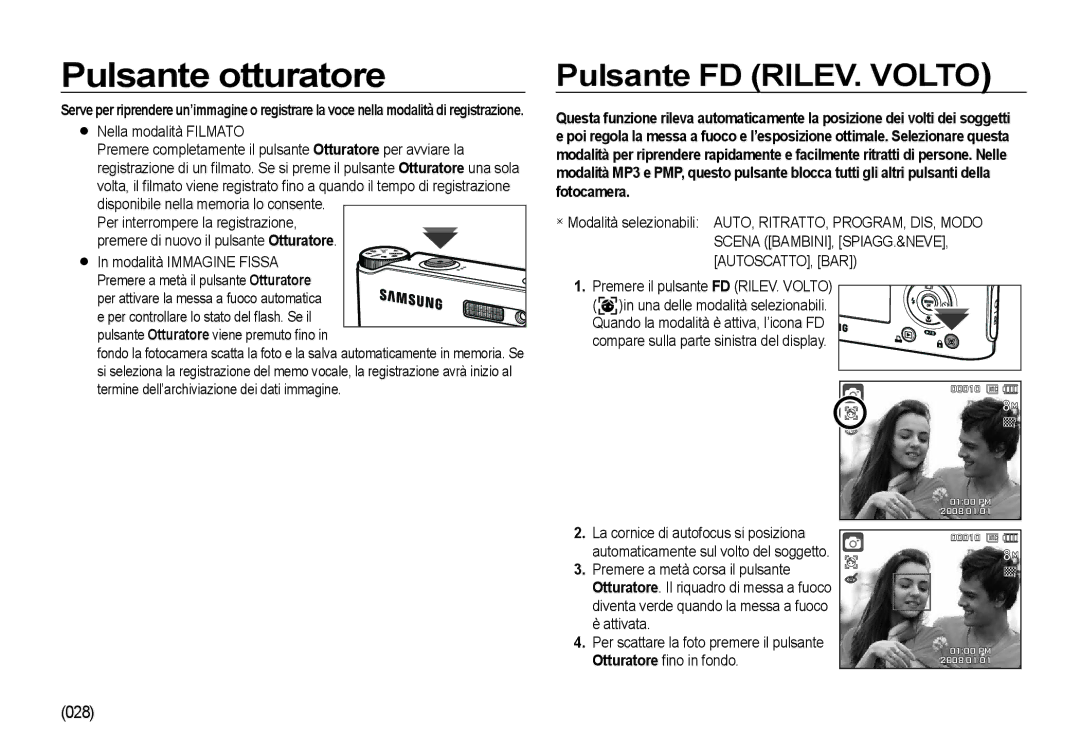 Samsung EC-NV4ZZSBA/IT Pulsante otturatore, Per attivare la messa a fuoco automatica, Premere il pulsante FD RILEV. Volto 