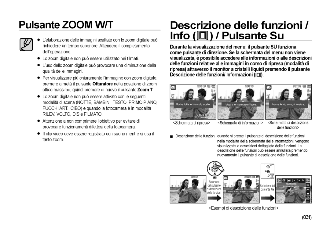 Samsung EC-NV4ZZTBB/E3, EC-NV4ZZSBA/E3, EC-NV4ZZPBA/E3 manual Descrizione delle funzioni / Info / Pulsante Su, Delle funzioni 