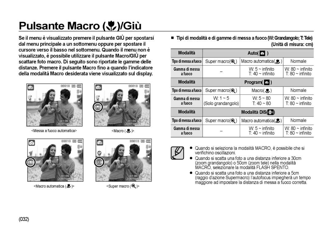 Samsung EC-NV4ZZBBA/E3, EC-NV4ZZSBA/E3, EC-NV4ZZPBA/E3, EC-NV4ZZTBB/E3, EC-NV4ZZTBE/E1 Pulsante Macro /Giù, Modalità Auto 