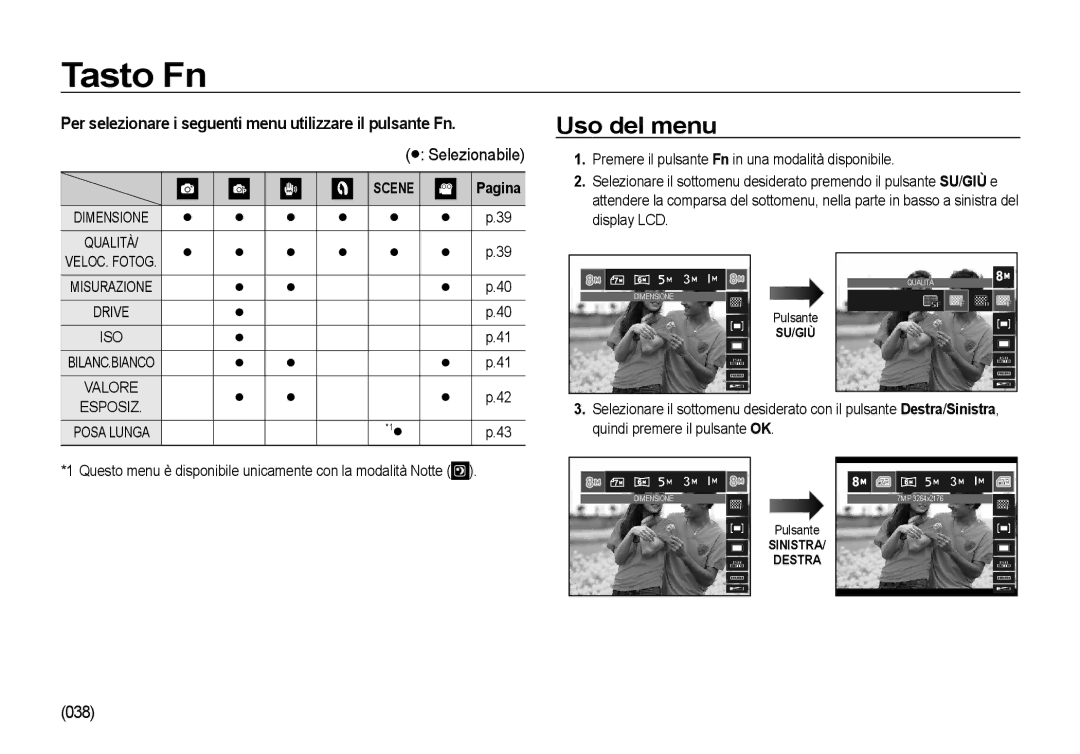 Samsung EC-NV4ZZSBA/E1, EC-NV4ZZSBA/E3 Tasto Fn, Uso del menu, Per selezionare i seguenti menu utilizzare il pulsante Fn 