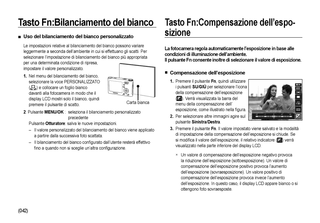 Samsung EC-NV4ZZBBA/E1 manual Tasto FnCompensazione dell’espo- sizione, Uso del bilanciamento del bianco personalizzato 