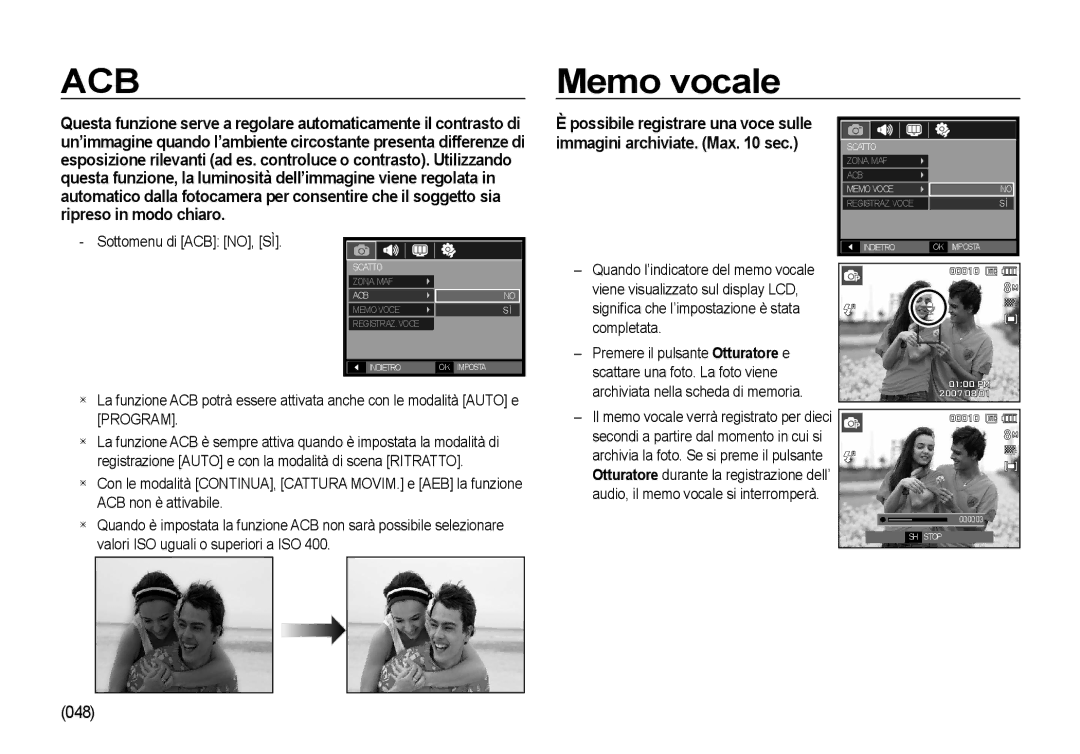 Samsung EC-NV4ZZTBE/E1, EC-NV4ZZSBA/E3 Memo vocale, Sottomenu di ACB NO, SÌ, Completata, Premere il pulsante Otturatore e 