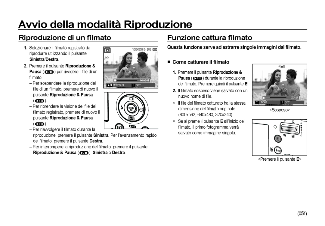 Samsung EC-NV4ZZSBB/E1 manual Avvio della modalità Riproduzione, Riproduzione di un ﬁlmato, Funzione cattura ﬁlmato 