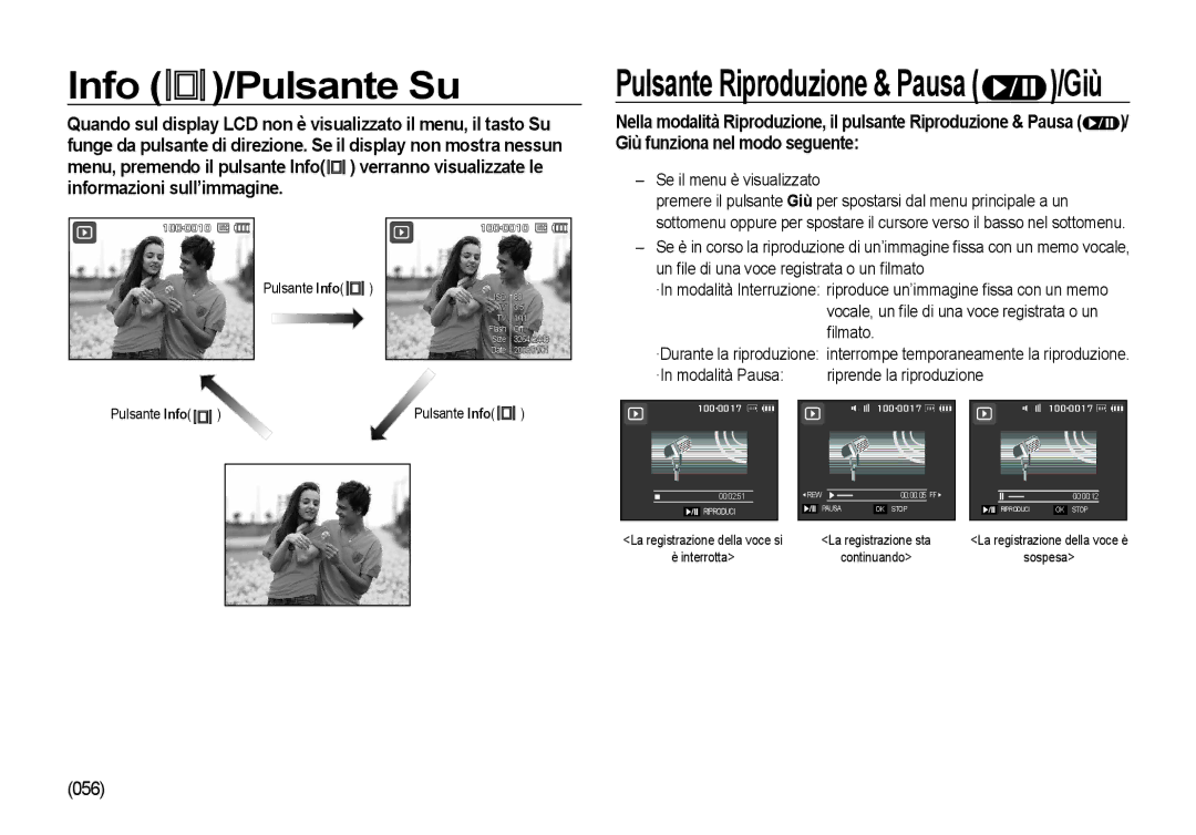 Samsung EC-NV4ZZPBB/E1 manual Info /Pulsante Su, Se il menu è visualizzato, Un ﬁle di una voce registrata o un ﬁlmato 