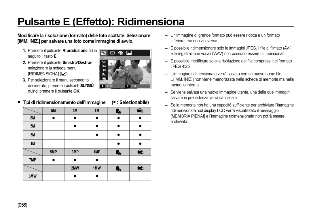 Samsung EC-NV4ZZSBA/IT manual Pulsante E Effetto Ridimensiona, Tipi di ridimensionamento dell’immagine Selezionabile 