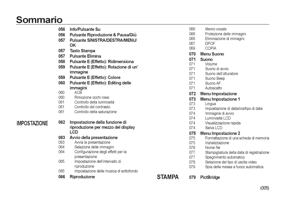 Samsung EC-NV4ZZBBB/E1 manual Info/Pulsante Su, 057, Tasto Stampa Pulsante Elimina 058, 059, Immagine, 062, Riproduzione 