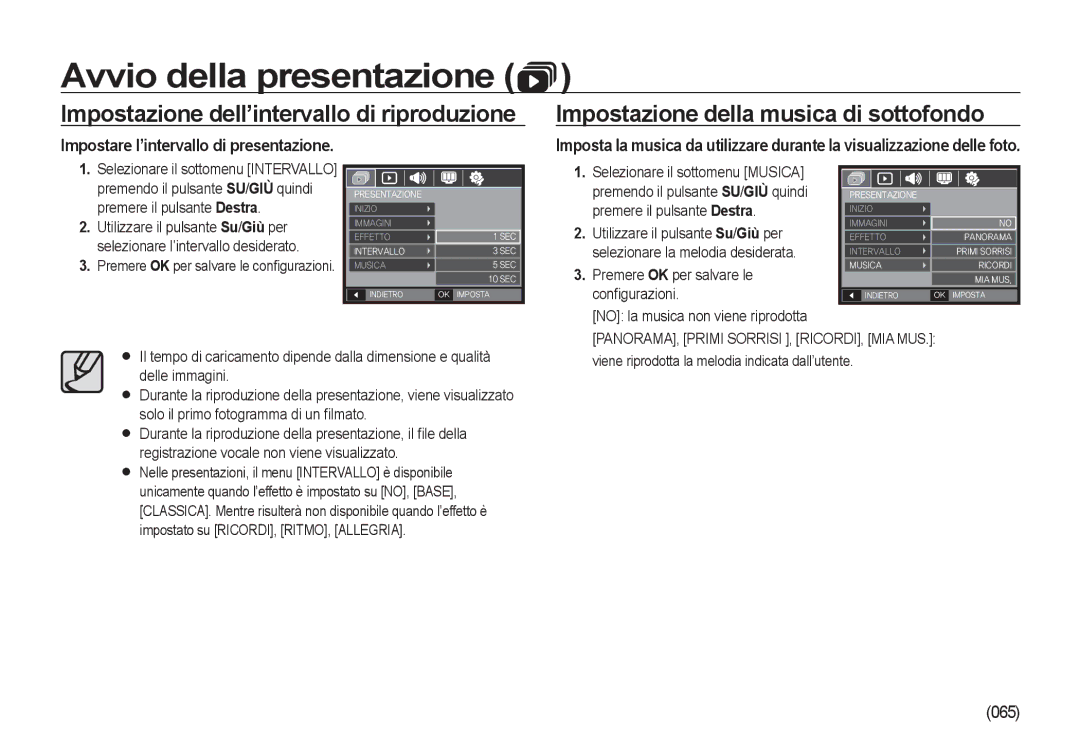 Samsung EC-NV4ZZBBB/E1, EC-NV4ZZSBA/E3 Impostare l’intervallo di presentazione, PANORAMA, Primi Sorrisi , RICORDI, MIA MUS 