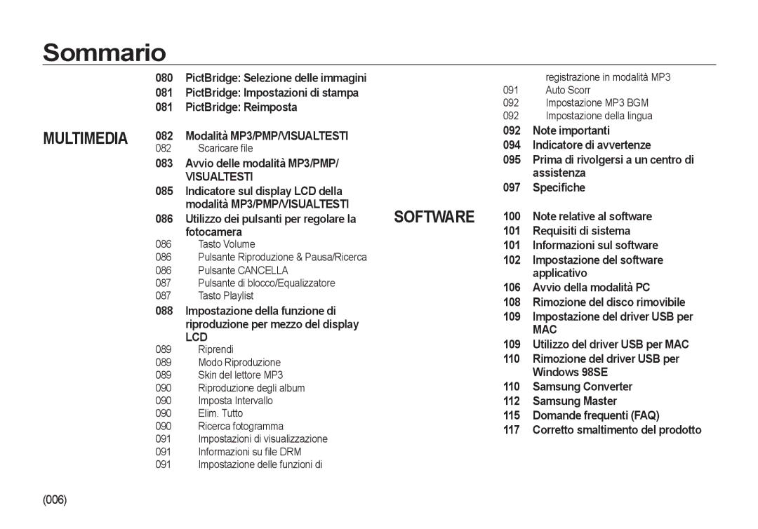 Samsung EC-NV4ZZSBB/E1 080, 081, PictBridge Reimposta, Avvio delle modalità MP3/PMP 095, Assistenza, 100 086, Applicativo 