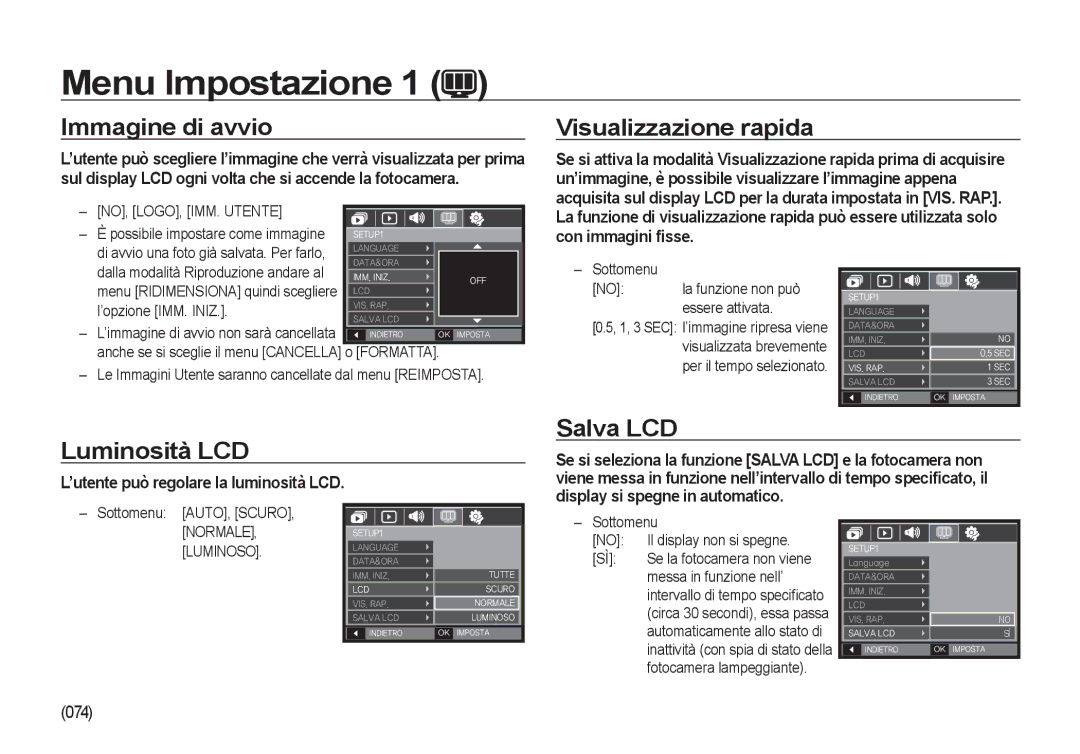 Samsung EC-NV4ZZSBA/E3, EC-NV4ZZPBA/E3, EC-NV4ZZTBB/E3 Immagine di avvio, Visualizzazione rapida, Salva LCD, Luminosità LCD 