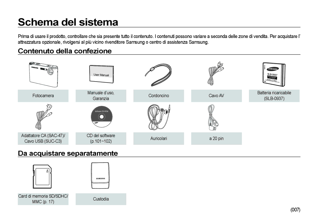 Samsung EC-NV4ZZTBB/IT manual Schema del sistema, Contenuto della confezione, Da acquistare separatamente, Custodia 