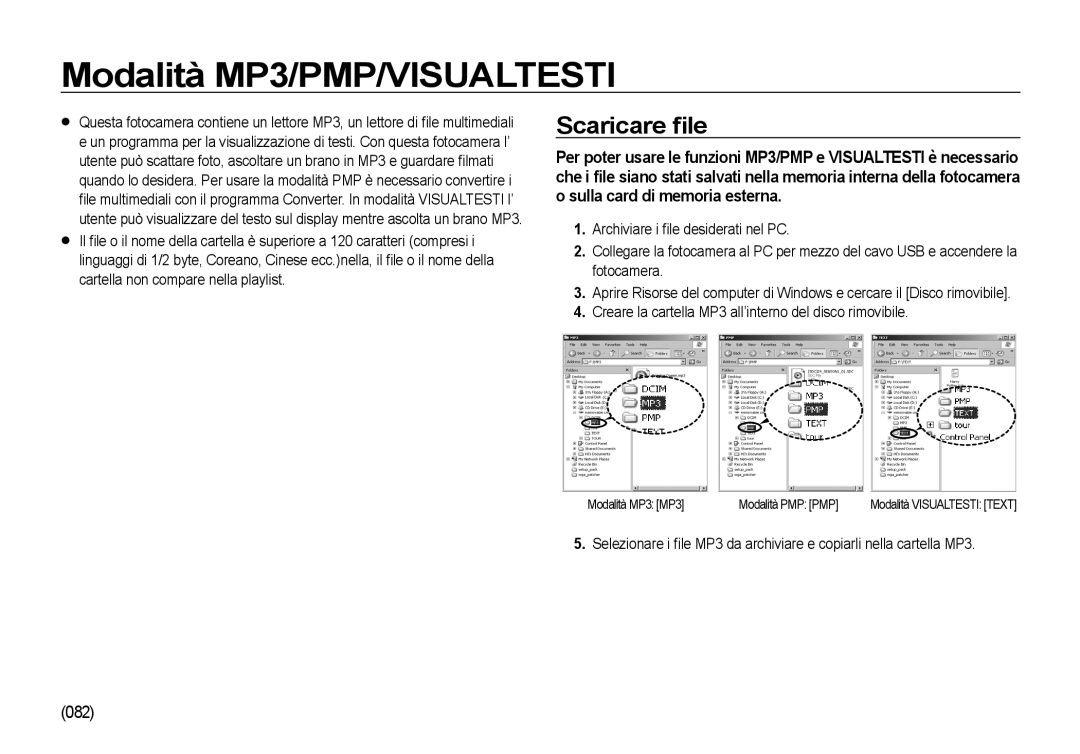 Samsung EC-NV4ZZTBB/IT, EC-NV4ZZSBA/E3, EC-NV4ZZPBA/E3, EC-NV4ZZTBB/E3 manual Modalità MP3/PMP/VISUALTESTI, Scaricare ﬁle 