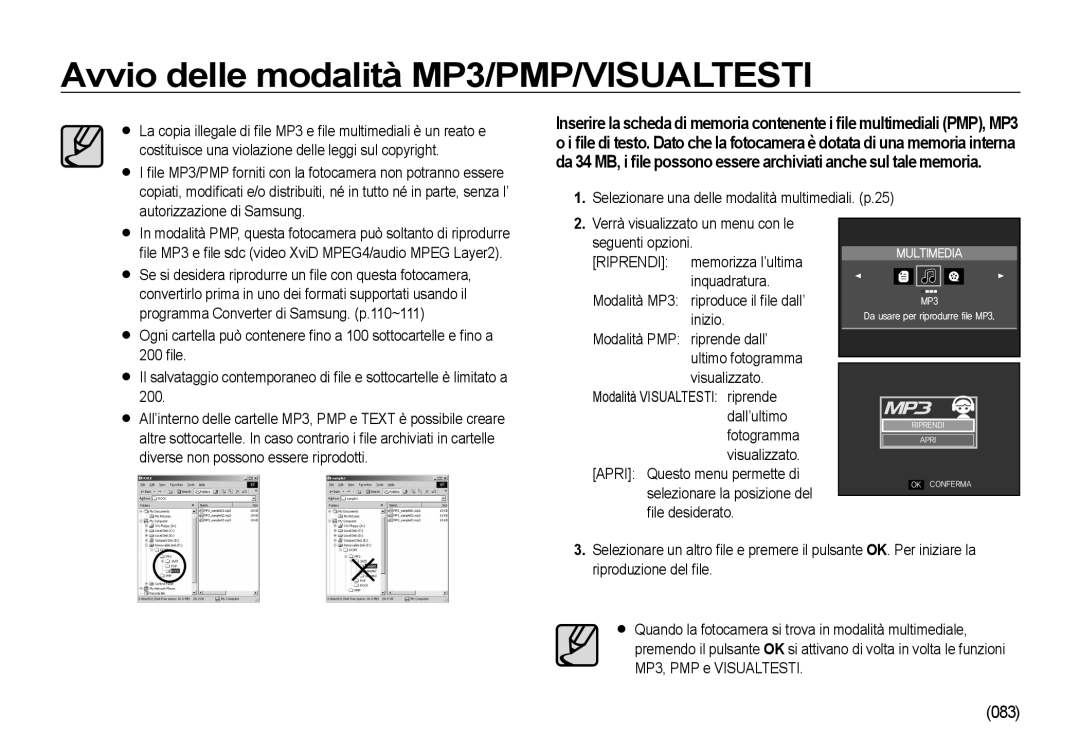 Samsung EC-NV4ZZSBA/E1 manual Avvio delle modalità MP3/PMP/VISUALTESTI, Selezionare una delle modalità multimediali. p.25 