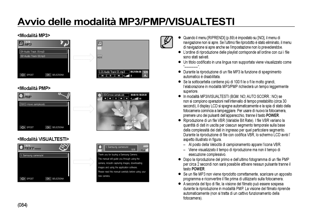 Samsung EC-NV4ZZPBC/E1, EC-NV4ZZSBA/E3, EC-NV4ZZPBA/E3, EC-NV4ZZTBB/E3 manual Modalità MP3, Modalità PMP, Modalità Visualtesti 