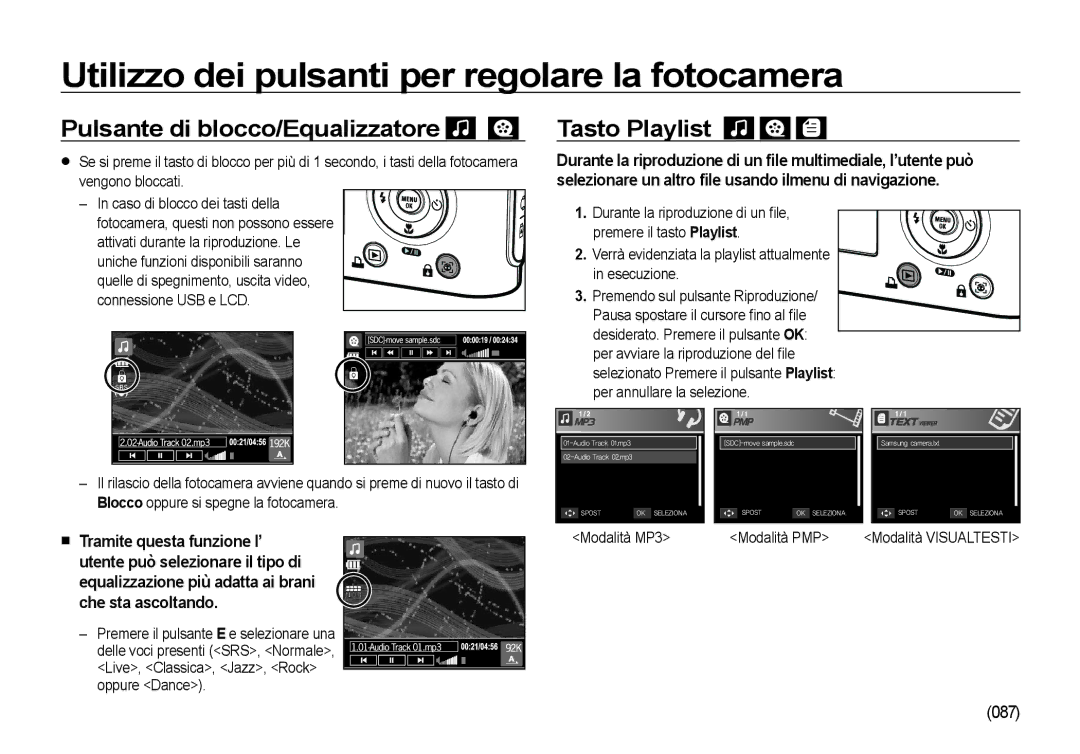 Samsung EC-NV4ZZBBA/E1, EC-NV4ZZSBA/E3 manual Pulsante di blocco/Equalizzatore, Tasto Playlist, Modalità MP3 Modalità PMP 