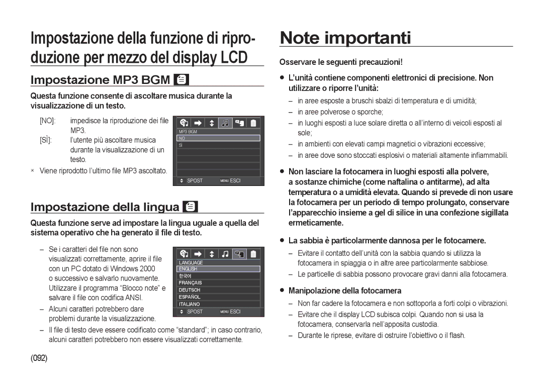 Samsung EC-NV4ZZBBA/E3, EC-NV4ZZSBA/E3 Impostazione MP3 BGM, Impostazione della lingua, Manipolazione della fotocamera 