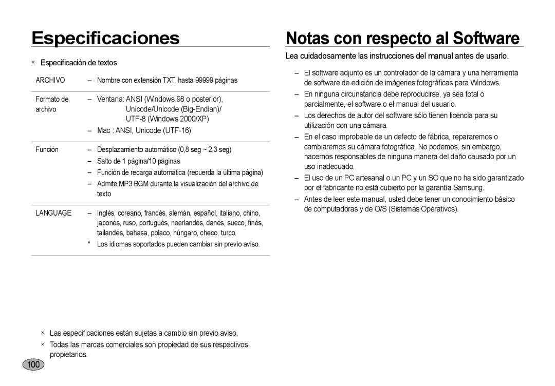 Samsung EC-NV4ZZBBB/E1, EC-NV4ZZSBA/E3, EC-NV4ZZPBA/E3, EC-NV4ZZTBB/E3 manual Notas con respecto al Software, Texto, Language 