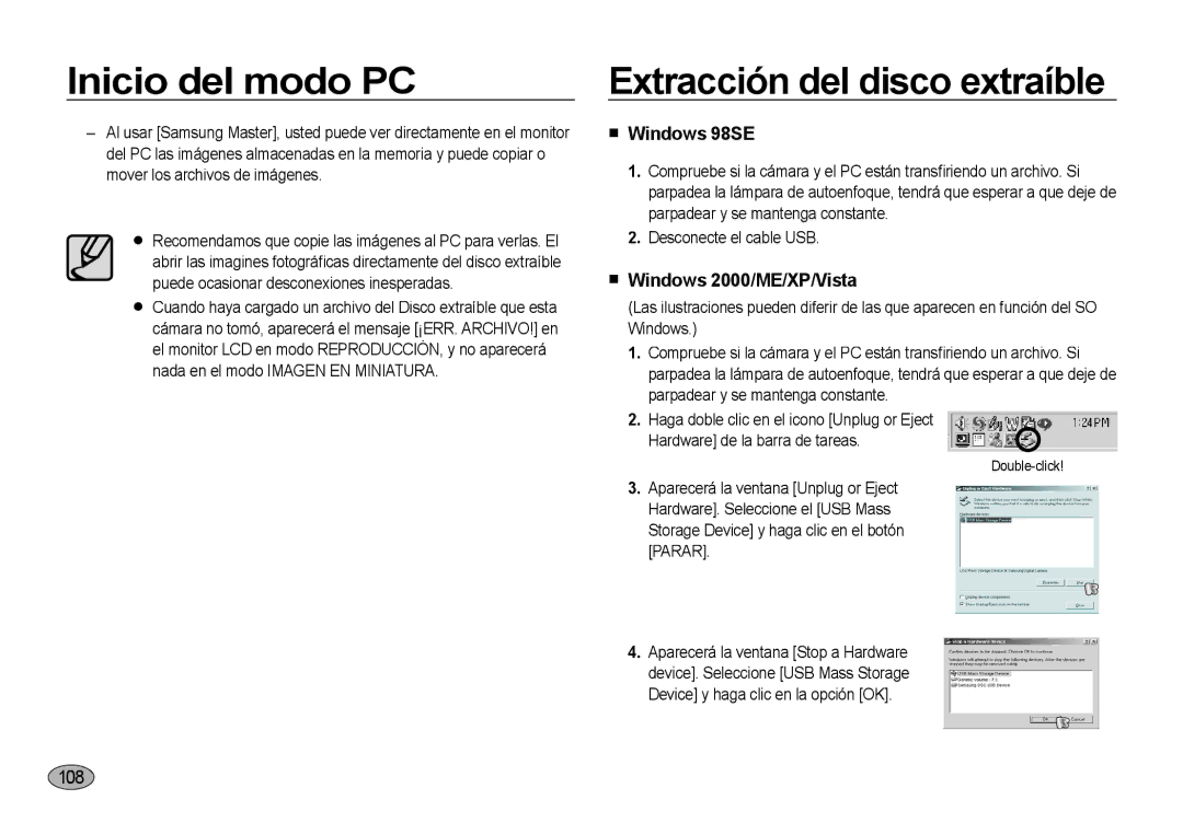 Samsung EC-NV4ZZPBA/E3, EC-NV4ZZSBA/E3 manual Extracción del disco extraíble,  Windows 98SE,  Windows 2000/ME/XP/Vista 