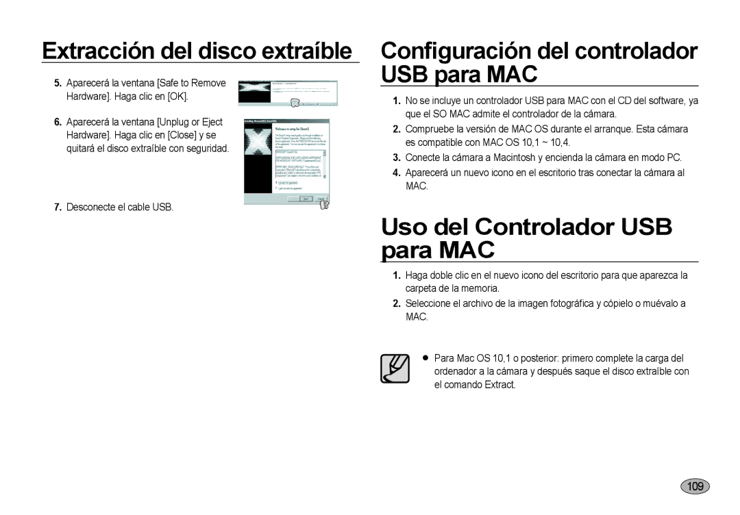 Samsung EC-NV4ZZTBB/E3, EC-NV4ZZSBA/E3 manual Conﬁguración del controlador USB para MAC, Uso del Controlador USB para MAC 