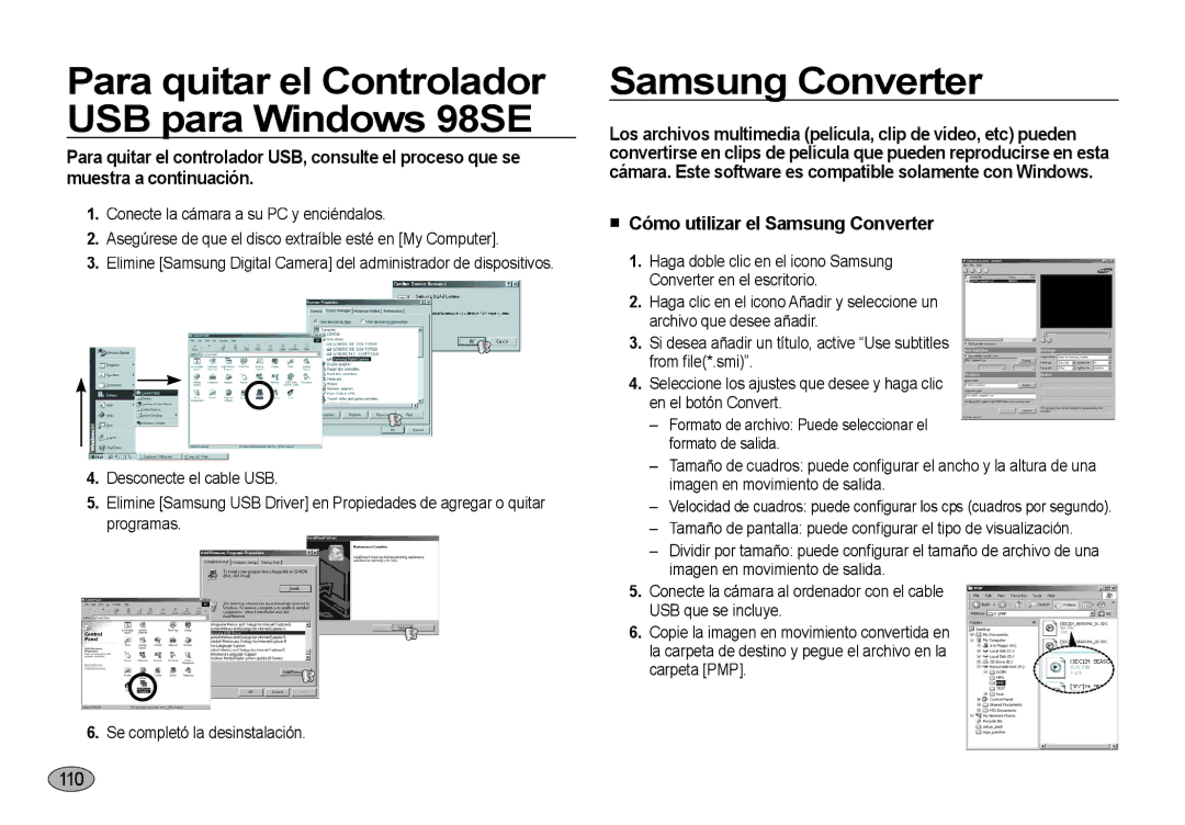 Samsung EC-NV4ZZBBA/E3, EC-NV4ZZSBA/E3, EC-NV4ZZPBA/E3 Para quitar el Controlador USB para Windows 98SE, Samsung Converter 