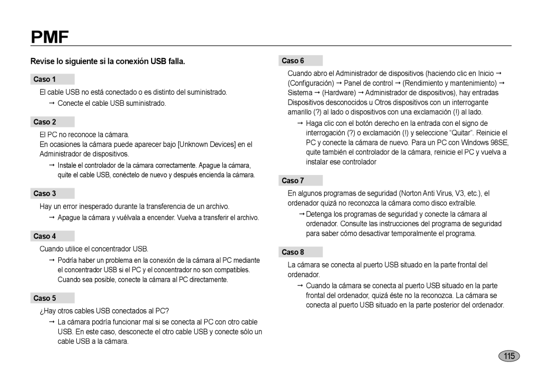 Samsung EC-NV4ZZPBC/E1 manual Revise lo siguiente si la conexión USB falla, Caso, Cuando utilice el concentrador USB 